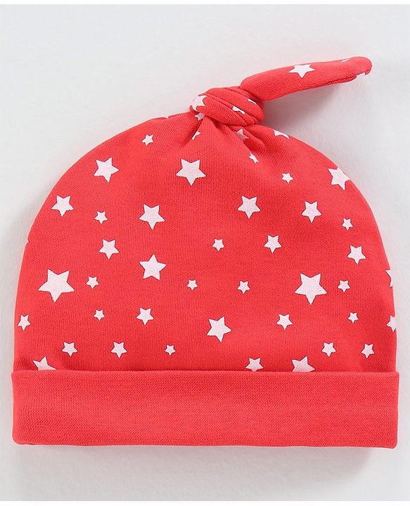 Babyhug 100% Cotton Cap Mittens & Booties Star Print Red - Circumference 38 cm