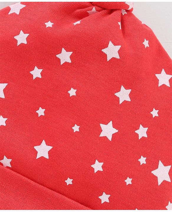 Babyhug 100% Cotton Cap Mittens & Booties Star Print Red - Circumference 38 cm