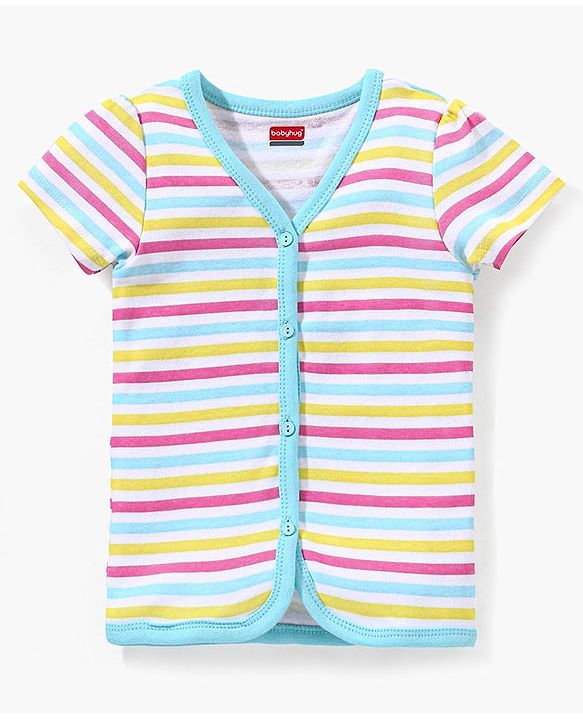 Babyhug 100% Cotton Knit Half Sleeves Striped Vest - White & Blue