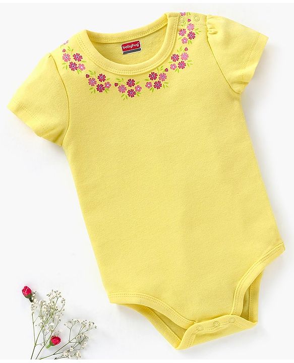 Babyhug 100% Cotton Half Sleeves Onesie Floral Print - Yellow