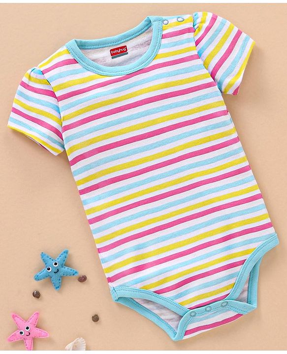 Babyhug 100% Cotton Knit Half Sleeves Onesie Striped - Multicolour
