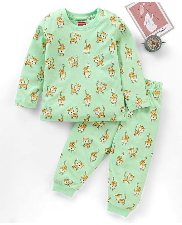 Babyhug Full Sleeves Tiger Printed  Night Suit - Green