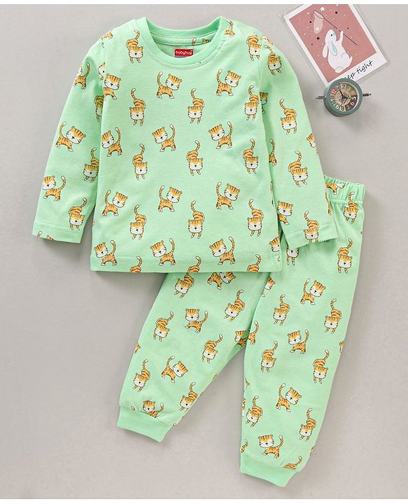 Babyhug Full Sleeves Tiger Printed  Night Suit - Green