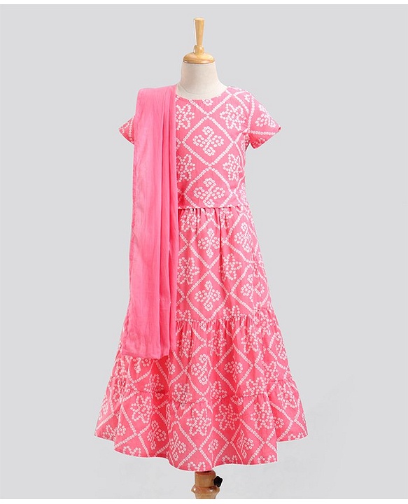Pine Kids Half Sleeves Lehenga & Choli Set With Dupatta Bandhani Print- Pink
