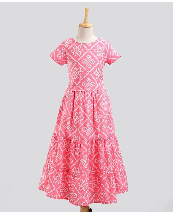 Pine Kids Half Sleeves Lehenga & Choli Set With Dupatta Bandhani Print- Pink