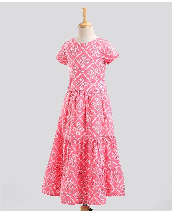 Pine Kids Half Sleeves Lehenga & Choli Set With Dupatta Bandhani Print- Pink