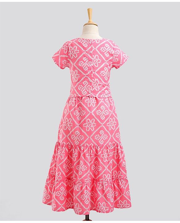 Pine Kids Half Sleeves Lehenga & Choli Set With Dupatta Bandhani Print- Pink