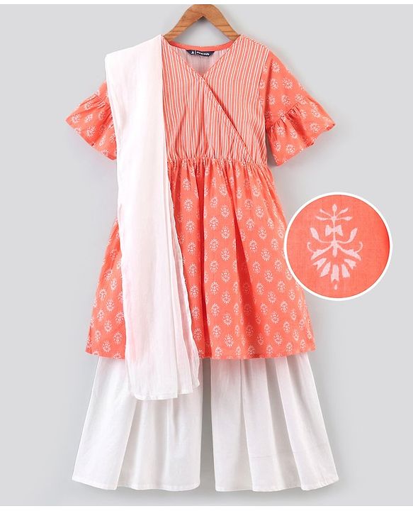 Pine Kids Half Sleeves Kurti Churidar Set with Dupatta - Orange