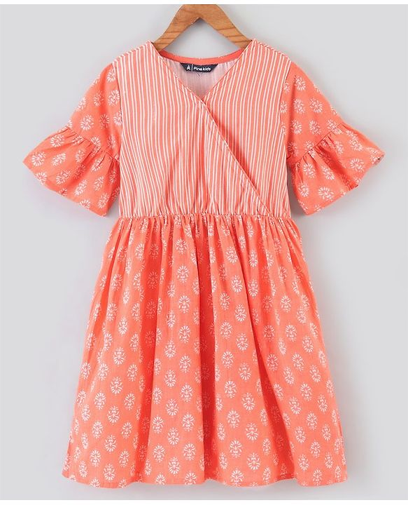 Pine Kids Half Sleeves Kurti Churidar Set with Dupatta - Orange