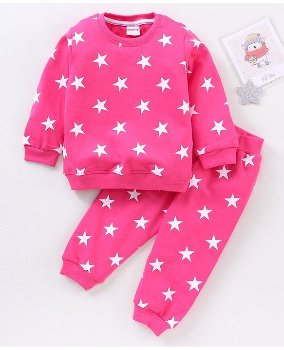 Babyhug Full Sleeves Terry Night Suit Star Print - Pink