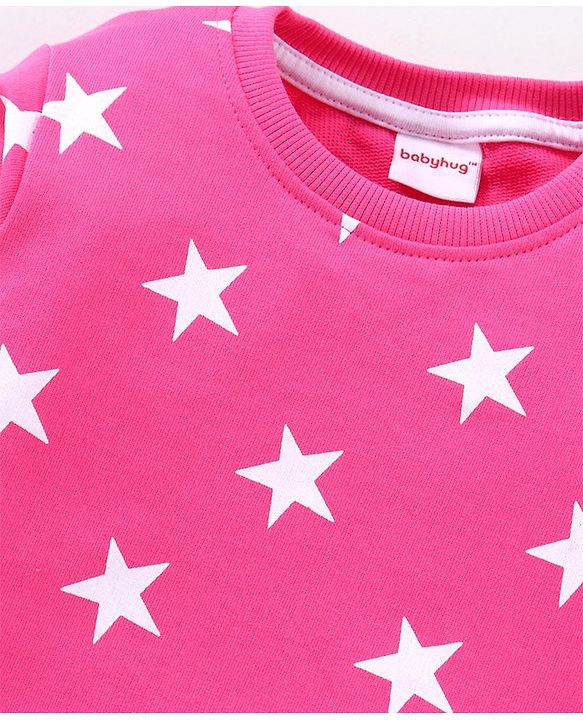 Babyhug Full Sleeves Terry Night Suit Star Print - Pink