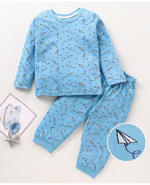 Babyhug Cotton Full Sleeves Night Suit Paper Plane Print - Blue
