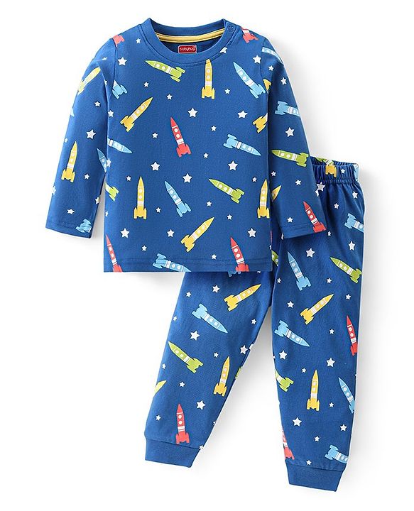 Babyhug Full Sleeves Cotton Night Suit Rocket & Stars Print- Navy Blue