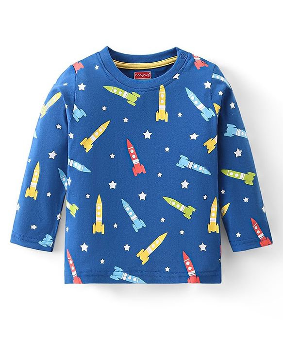Babyhug Full Sleeves Cotton Night Suit Rocket & Stars Print- Navy Blue