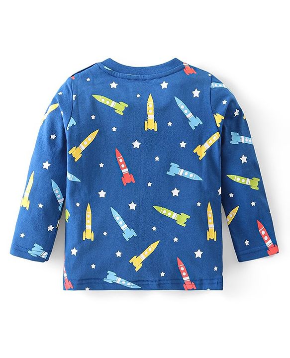 Babyhug Full Sleeves Cotton Night Suit Rocket & Stars Print- Navy Blue