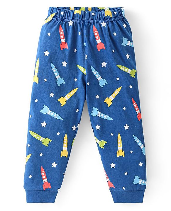 Babyhug Full Sleeves Cotton Night Suit Rocket & Stars Print- Navy Blue