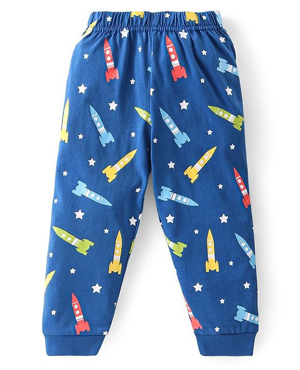 Babyhug Full Sleeves Cotton Night Suit Rocket & Stars Print- Navy Blue