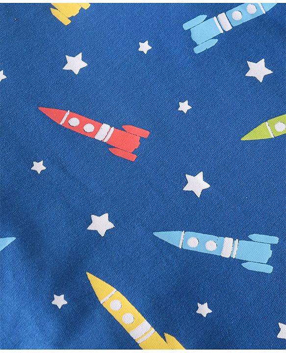 Babyhug Full Sleeves Cotton Night Suit Rocket & Stars Print- Navy Blue