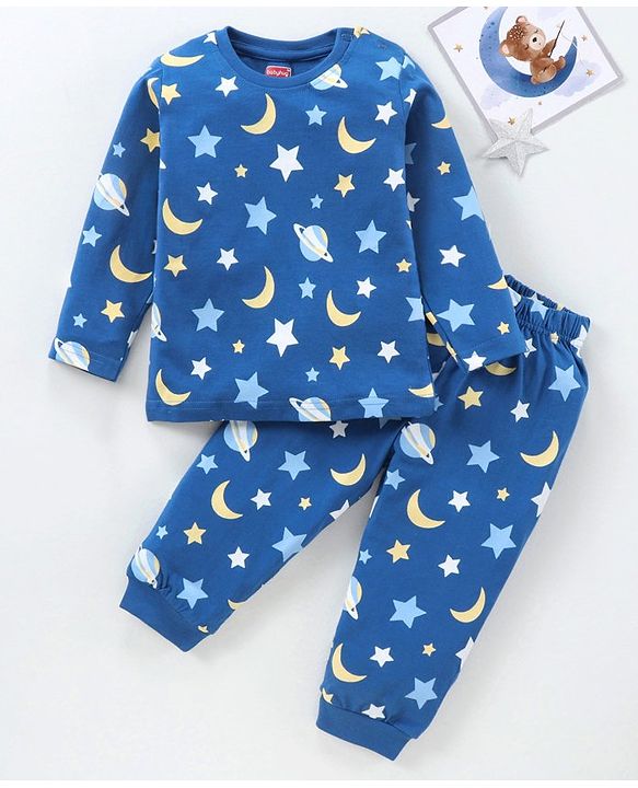 Babyhug Full Sleeves Cotton Night Suit Moon & Stars Print- Navy Blue