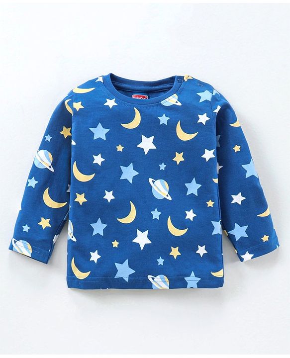 Babyhug Full Sleeves Cotton Night Suit Moon & Stars Print- Navy Blue