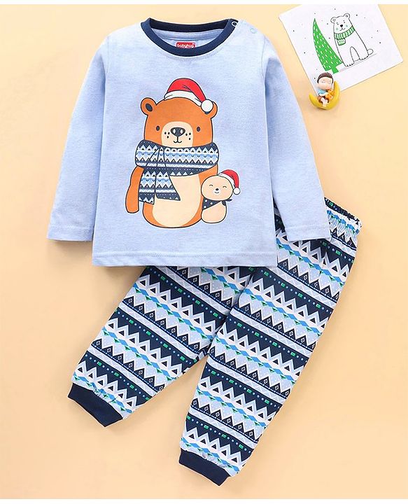 Babyhug Cotton Knit Full Sleeves Night Suit With Bear Print - Light Blue