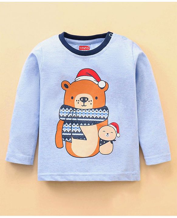 Babyhug Cotton Knit Full Sleeves Night Suit With Bear Print - Light Blue