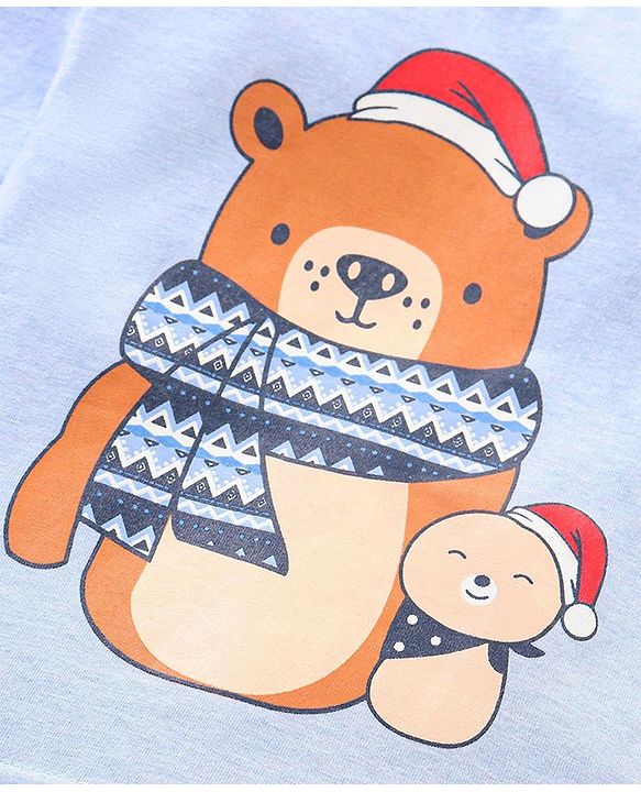 Babyhug Cotton Knit Full Sleeves Night Suit With Bear Print - Light Blue
