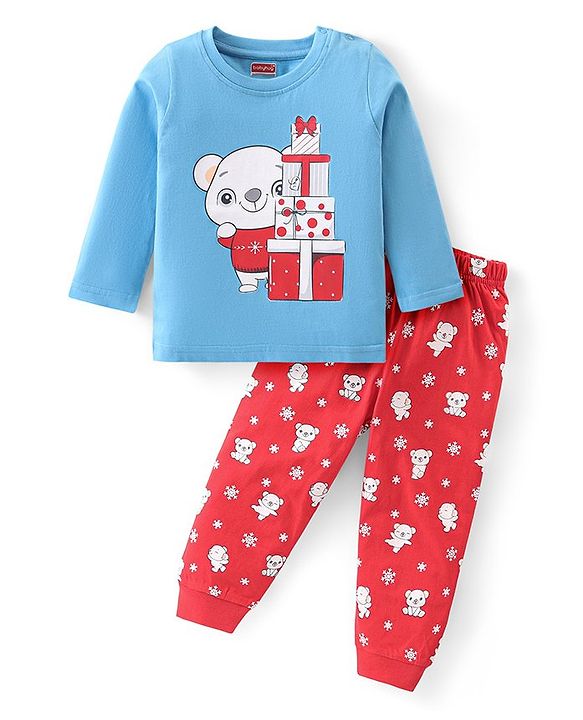 Babyhug Cotton Knit Full Sleeves Bear Printed Night Suit -  Blue