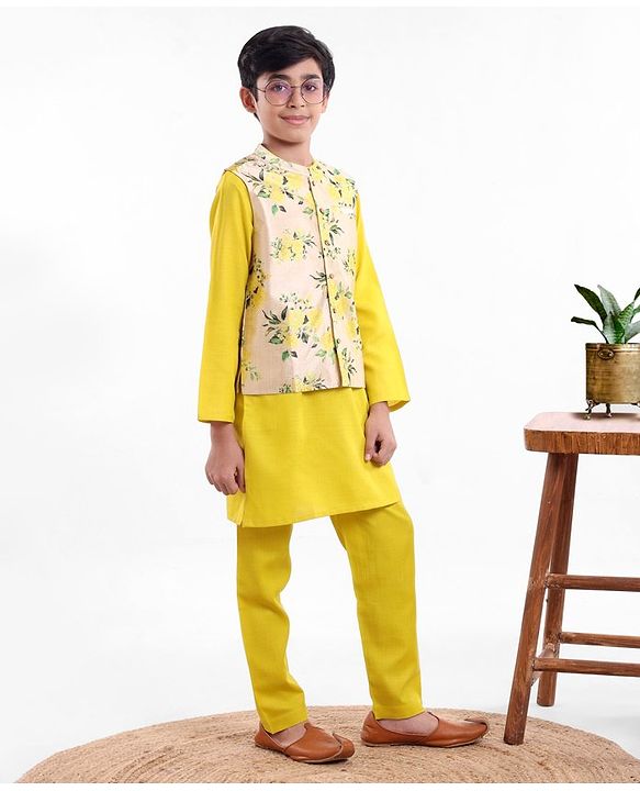 Pine Kids Full Sleeves Kurta Pajama Set with Bandi Floral Print - Yellow