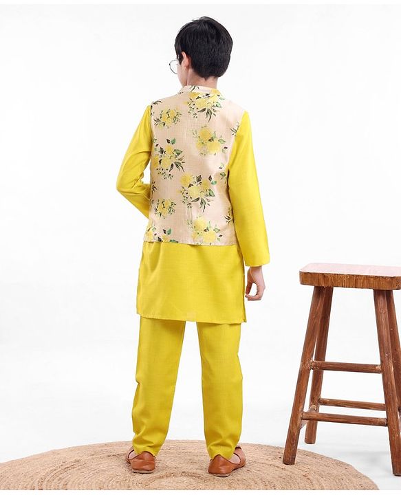 Pine Kids Full Sleeves Kurta Pajama Set with Bandi Floral Print - Yellow