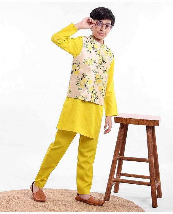 Pine Kids Full Sleeves Kurta Pajama Set with Bandi Floral Print - Yellow