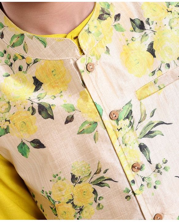 Pine Kids Full Sleeves Kurta Pajama Set with Bandi Floral Print - Yellow