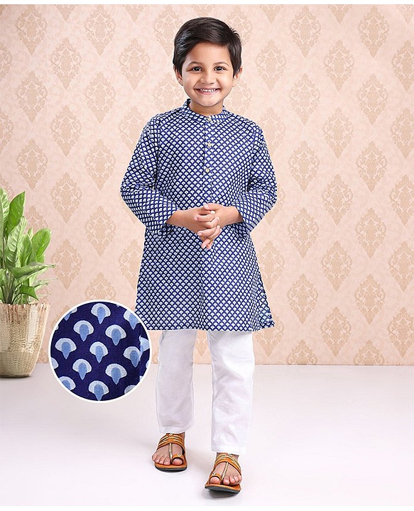 Babyhug Full Sleeves Kurta & Pajama Set Ethnic Print - White Blue