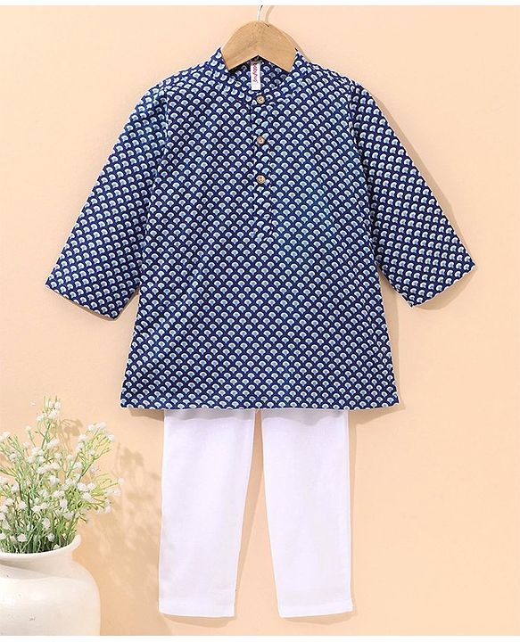 Babyhug Full Sleeves Kurta & Pajama Set Ethnic Print - White Blue