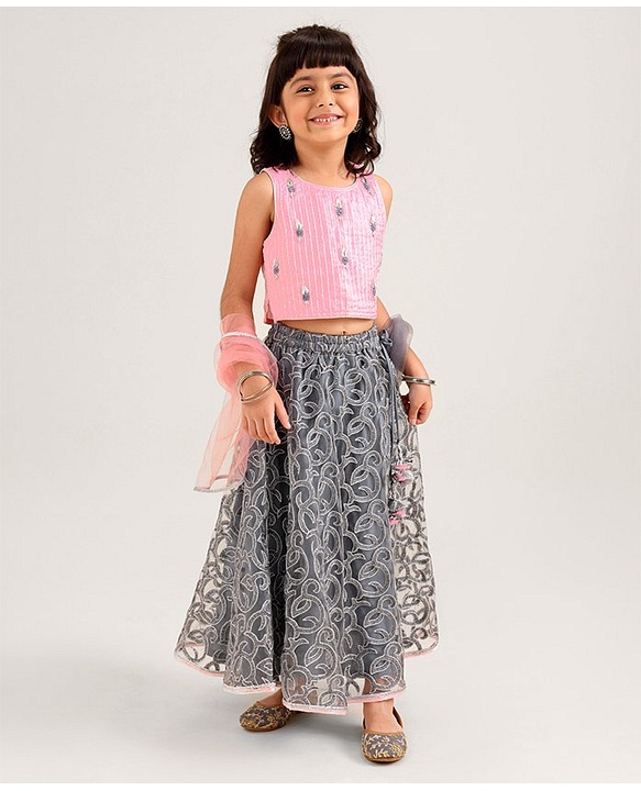 Babyhug Sleeveless Sequecned Embroidered Choli With Lehenga And Dupatta Set - Pink & Grey.