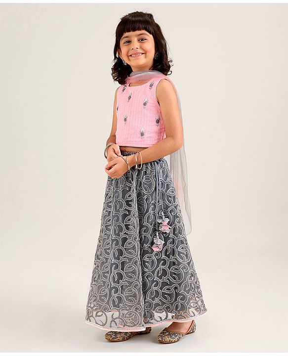 Babyhug Sleeveless Sequecned Embroidered Choli With Lehenga And Dupatta Set - Pink & Grey.