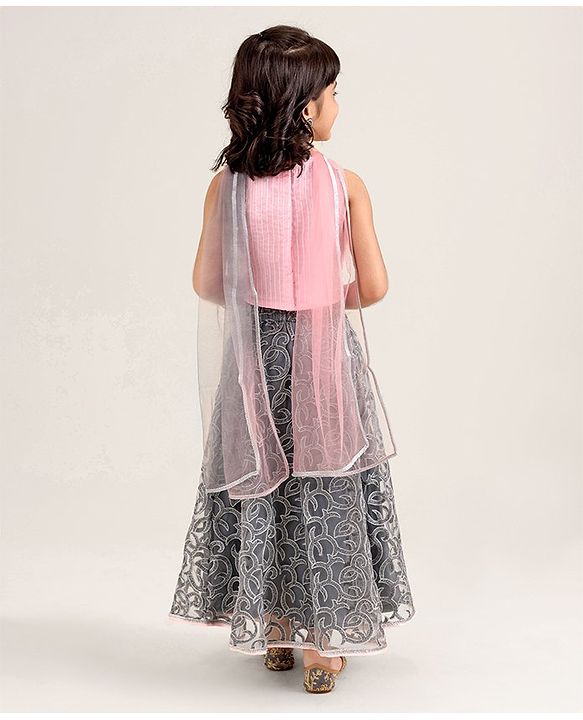 Babyhug Sleeveless Sequecned Embroidered Choli With Lehenga And Dupatta Set - Pink & Grey.