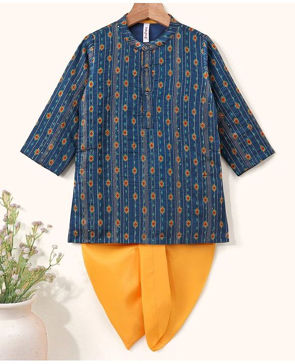 Babyhug Full Sleeves Embroidered Kurta and Dhoti Set - Blue & Yellow