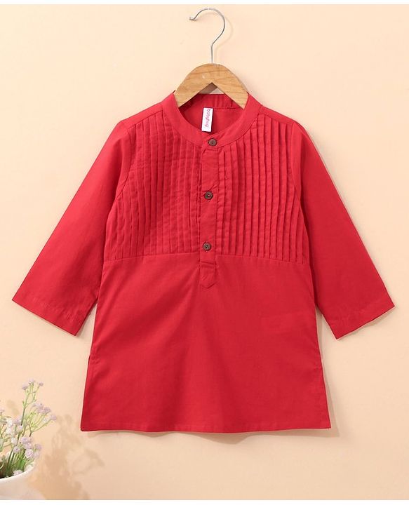 Babyhug Full Sleeves Pintucked Cotton Kurta Solid- Red