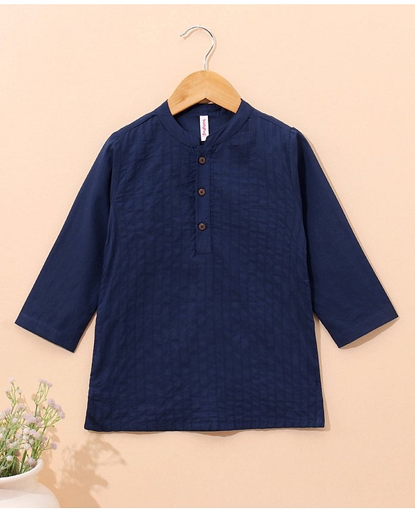 Babyhug Full Sleeves Cotton Pintucked Kurta Solid- Navy Blue