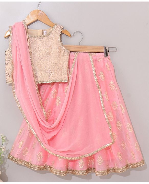 Babyhug Sleeveless Choli & Lehenga Set with Dupatta Floral Embroidered - Peach