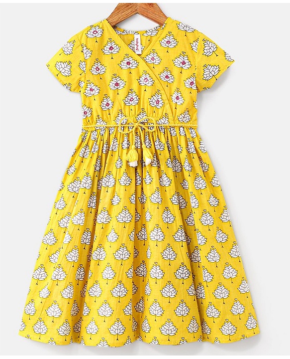 Babyhug Half Sleeves Floral Printed Ethnic Dress - Yellow