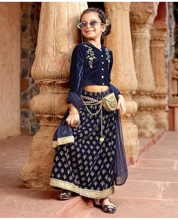 Babyhug Three Fourth Sleeves Embroidered Flared Lehenga Choli & Dupatta - Blue