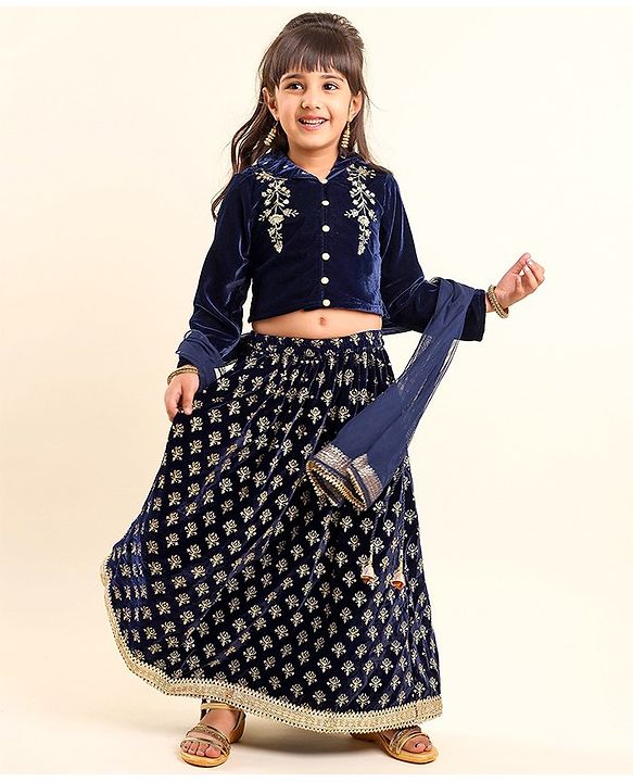 Babyhug Three Fourth Sleeves Embroidered Flared Lehenga Choli & Dupatta - Blue