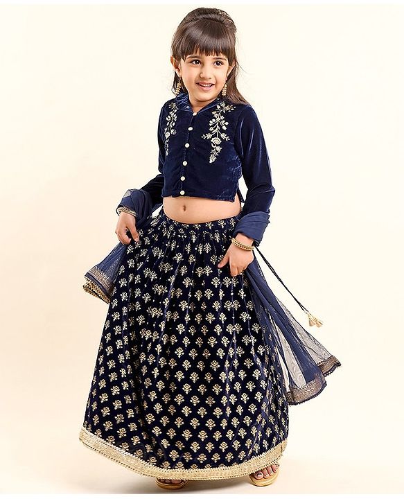 Babyhug Three Fourth Sleeves Embroidered Flared Lehenga Choli & Dupatta - Blue