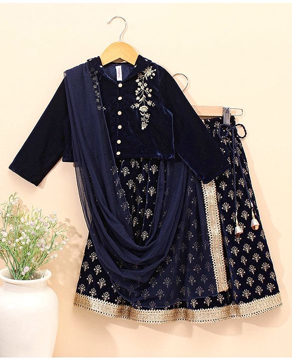 Babyhug Three Fourth Sleeves Embroidered Flared Lehenga Choli & Dupatta - Blue