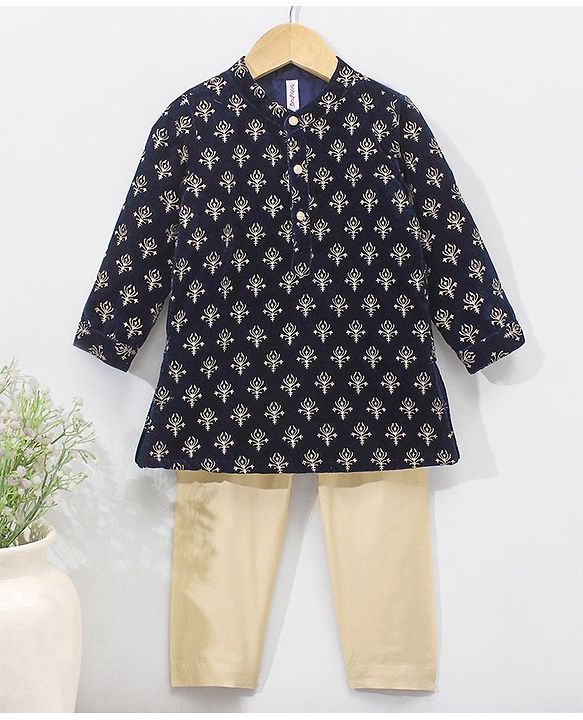 Babyhug Full Sleeves Embroidered Kurta and Pyjama Set - Navy & Cream