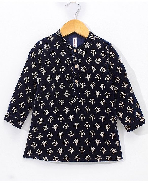 Babyhug Full Sleeves Embroidered Kurta and Pyjama Set - Navy & Cream