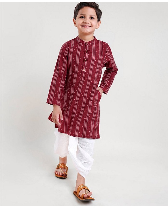 Babyhug Three Fourth Sleeve Handloom Stripe Kurta With Dobby Dhoti- MaroonBabyhug Three Fourth Sleeve Handloom Stripe Kurta With Dobby Dhoti- Maroon