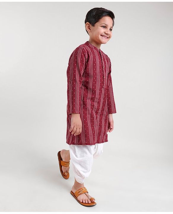 Babyhug Three Fourth Sleeve Handloom Stripe Kurta With Dobby Dhoti- MaroonBabyhug Three Fourth Sleeve Handloom Stripe Kurta With Dobby Dhoti- Maroon
